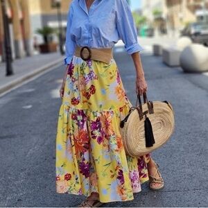 H&M Yellow Floral Midi Skirt | Cottagecore Garden Party | Size M